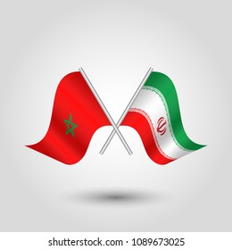 vector two crossed moroccan and iranian flags on silver sticks - symbol of morocco and iran