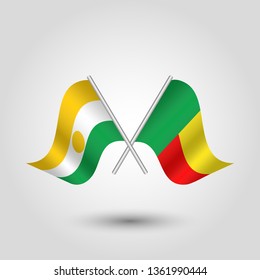 vector two crossed nigerien and beninese flags on silver sticks - symbol of niger and benin
