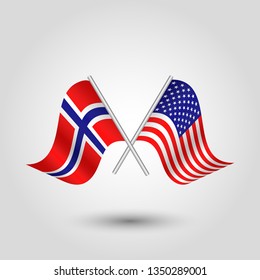 vector two crossed norwegian and american flags on silver sticks - symbol of norway and usa united states of america
