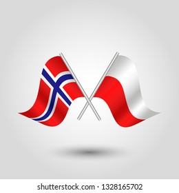 vector two crossed norwegian and polish flags on silver sticks - symbol Kingdom of norway and republic of poland