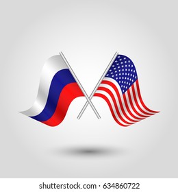 vector two crossed russian and american flags on silver sticks - symbol of russia and united states of america