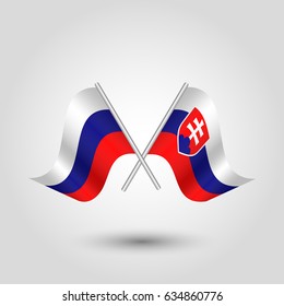 vector two crossed russian and slovak flags on silver sticks - symbol of russia and slovakia