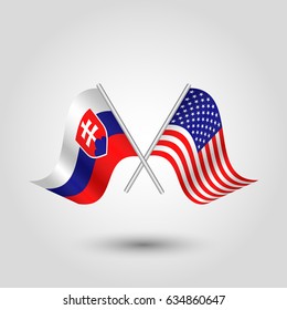 vector two crossed slovak and american flags on silver sticks - symbol of slovakia and united states of america