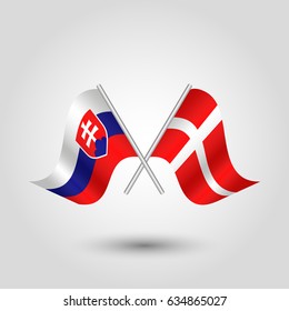 vector two crossed slovak and danish flags on silver sticks - symbol of slovakia and denmark