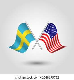 vector two crossed swedish and american flags on silver sticks - symbol of sweden and usa