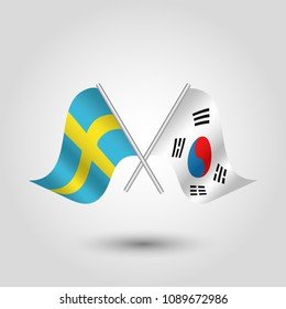 vector two crossed swedish and korean flags on silver sticks - symbol of sweden and south korea