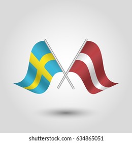 vector two crossed swedish and latvian flags on silver sticks - symbol of sweden and latvia