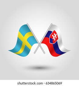 vector two crossed swedish and slovak flags on silver sticks - symbol of sweden and slovakia