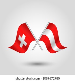 vector two crossed swiss and austrian flags on silver sticks - symbol of switzerland and austria