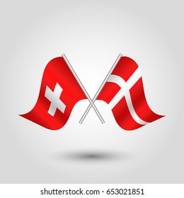 vector two crossed swiss and danish flags on silver sticks - symbol of switzerland and denmark