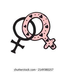 Vector two crossed symbols of venus. Female gender symbols in doodle style, isolated. Woman love combinations. LGBT, lesbian love, gay, pride, bisexual, homosexual icons