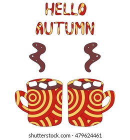 Vector two cups of cocoa with marshmallows. Hello autumn card. Seamless pattern is complete (inside)