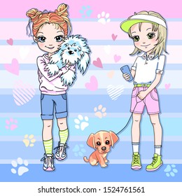 Vector Two cute blond and redhead girls with puppy dogs