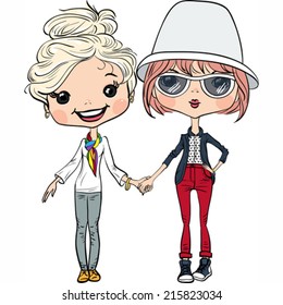 Vector two cute hipster girls in hat and sunglasses
