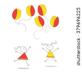 Vector - Two cute little girls with raised hands running and jumping trying to reach for the balloons-flowers that flew away. Easter, spring, summer. Clean, geometric, simplified illustration. 