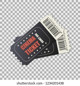 Vector two designed cinema tickets close up top view isolated on transparent background