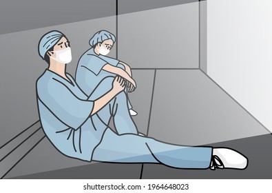 Vector of two doctor Sad surgeon sitting on the floor in a corridor at hospital. Healthcare workers in the Coronavirus Covid19 pandemic. During the Covid-19 outbreak.