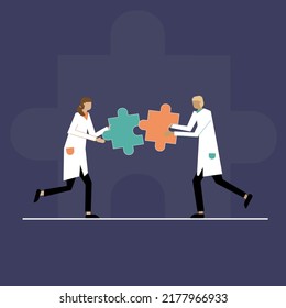 Vector of two doctors man and woman in uniform putting puzzle pieces together a symbol of team work, medical decision and collaboration. Scientists or doctors with puzzle and copy space. Flat vector s