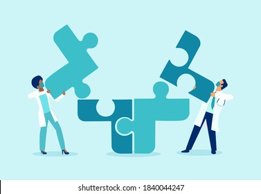 Vector of two doctors putting puzzle pieces together a symbol of team work and collaboration 