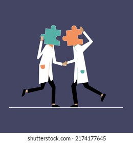 Vector Of Two Doctors In Uniform Putting Head -puzzle Pieces Together A Symbol Of Team Work, Medical Decision And Collaboration. Scientists Or Doctors With Puzzle. Medical, Scientific Research.