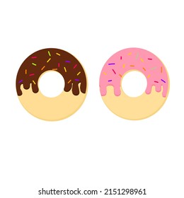 Vector de dos donuts con mechón de chocolate y fresa aislados sobre fondo blanco