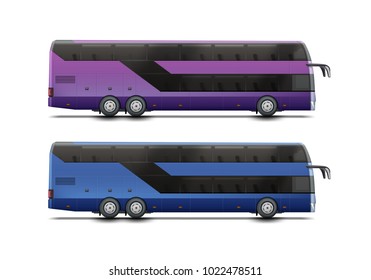 Vector two double decker buses in blue and purple colors, isolated on white background