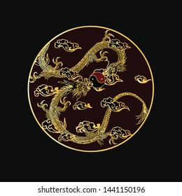 Vector two dragon are occupying a crystal ball on a cloud background.