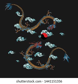 Vector two dragon are occupying a crystal ball on a cloud background.
