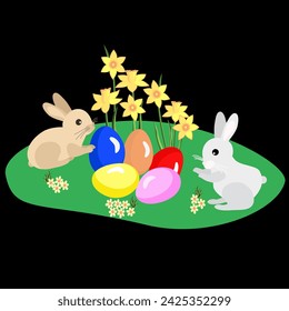 Vector - two easter-bunnies with eggs and flowers, illustration.