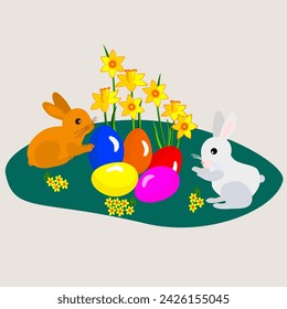 Vector - two easter-bunnies with eggs and flowers, illustration.