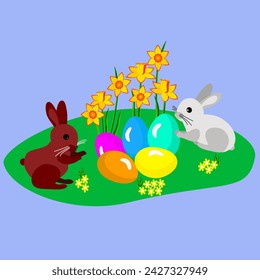 Vector - two easter-bunnies with eggs and flowers, illustration.