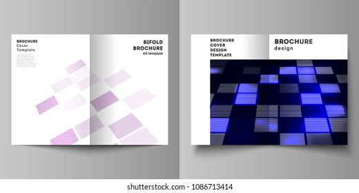 The vector of the two editable layout A4 format cover design templates for bifold brochure, magazine, flyer, booklet. Abstract hi-tech background in perspective. Futuristic digital technology backdrop