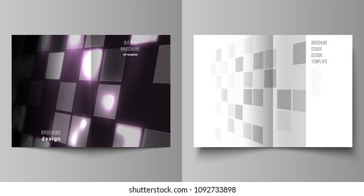 The vector of the two editable layout A4 format cover design templates for bifold brochure, magazine, flyer, booklet. Abstract hi-tech background in perspective. Futuristic digital technology backdrop