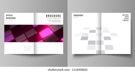 The vector of the two editable layout A4 format cover design templates for bifold brochure, magazine, flyer, booklet. Abstract hi-tech background in perspective. Futuristic digital technology backdrop