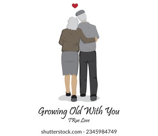 vector two elderly men and women wearing warm clothes walking with their backs to the woman holding the shoulders and hands of the man while hugging from behind and the man wearing a hat and there are