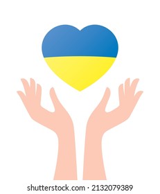 Vektor zwei weibliche Hände fangen Kunstherz mit der Flagge der Ukraine. Einzeln auf weißem Hintergrund