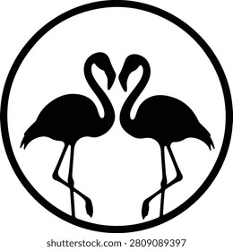 Vector two flamingo birds in circle frame silhouette illustration