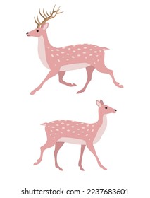 Vector two flat hand drawn pink deer isolated on white background