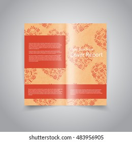 Vector two fold brochure design template with retro background with hearts made of gift boxes. Brochure Design for Valentine's Day, Merry Christmas and Happy New Year party promotion or invitation