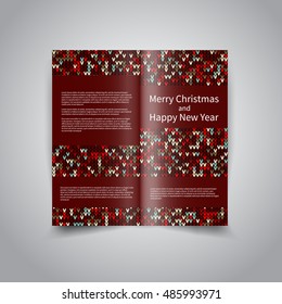 Vector two fold brochure design template with abstract bordo knitted ornament pattern background EPS10 Two Fold Mock up and back Brochure Design for Merry Christmas and Happy New Year party invitation