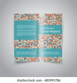Vector two fold brochure design template with abstract floral hand drawn doodles ornament pattern background EPS10 Two Fold Mock up and back Brochure Design 