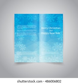 Vector two fold brochure design template with geometric blue background, snowflakes and text Two Fold Mock up and back Brochure Design for Merry Christmas and Happy New Year party invitation promotion