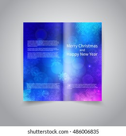 Vector two fold brochure design template with shiny blue background, snowflakes and text. Two Fold Mock up and back Brochure Design for Merry Christmas and Happy New Year party invitation, promotion