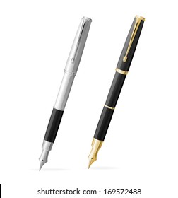 Vector two Fountain pens isolated gold and silver