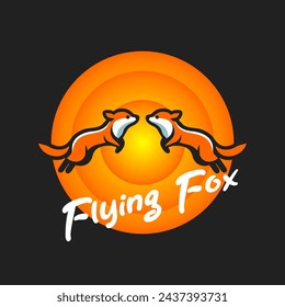 Vector of two foxes jumping and the sun setting behind them with the text Flying Fox, on a black background.