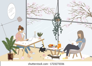 Vector two freelance women working on laptop and sitting on chair reading a book with cat and dog playing on floor in living room,Daily life activity or hobby at home during quarantine