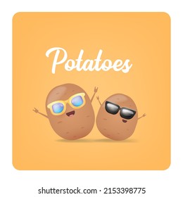 vector two friends tiny kids potato characters having fun isolated on orange background. Happy Friendship day vector illustration. funky kids potato with friend. Friendship party concept