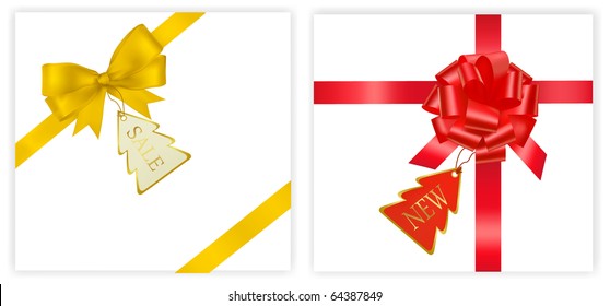 Vector. Two gift red ribbon and bow with card.