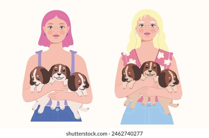 Vector of two girls with bright hair holding three puppies each, showcasing love for animals and joyful companionship