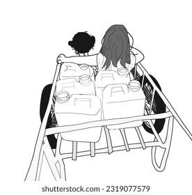 vector two girls sitting on a water cart sister hugging sister show difficulty in using water But there is a hidden happiness, rural area.